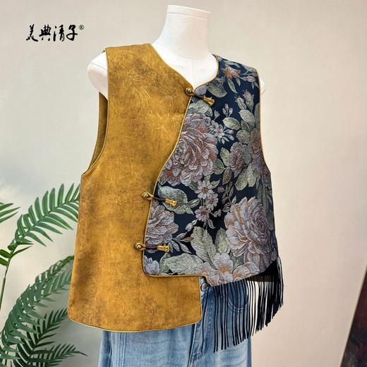 新中式撞色牡丹提花流苏圆领单排扣马甲 商品图4