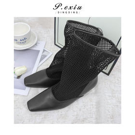PanYiXiu/潘依绣牛皮拼接网面镂空瘦瘦靴时髦高级尖头短靴 TB25018