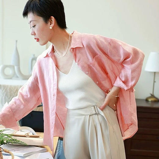 玫瑰粉苎麻轻薄防晒衬衫，苎麻定染，温柔显白，穿出一种优雅低调的老钱感 商品图5