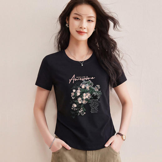 「自j」全新升级【铂金会员119/天猫159/差价40】(05122)洛诗琳高级感印花刺绣T恤女2026夏季新款收腰显瘦短袖上衣 商品图2