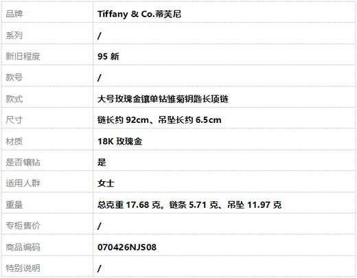 【95新】Tiffany & Co.蒂芙尼大号玫瑰金镶单钻雏菊钥匙长项链 链长约92cm女士070426NJS08 商品图6