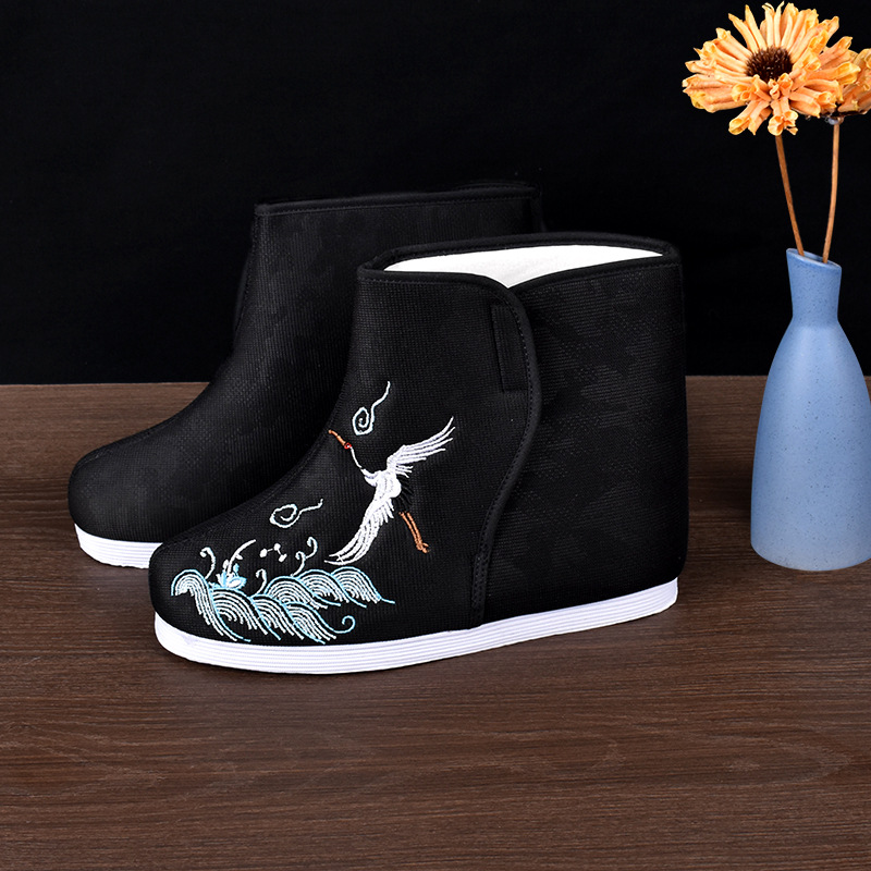 黑色45号新中式男寿鞋高帮棉鞋老北京布鞋绣莲花天梯鞋底