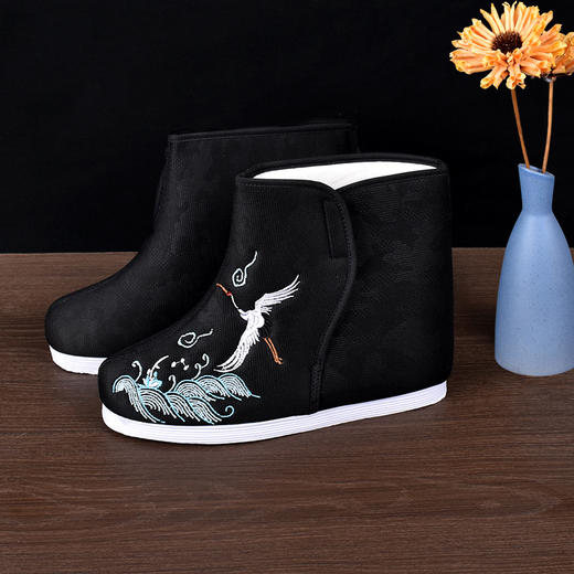 黑色45号新中式男寿鞋高帮棉鞋老北京布鞋绣莲花天梯鞋底 商品图0