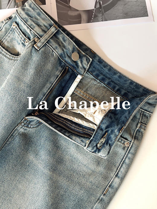 专柜实拍【细腿/复古毛边】拉夏贝尔/La Chapelle高腰遮胯显瘦直筒裤复古水洗浅蓝牛仔裤 商品图3