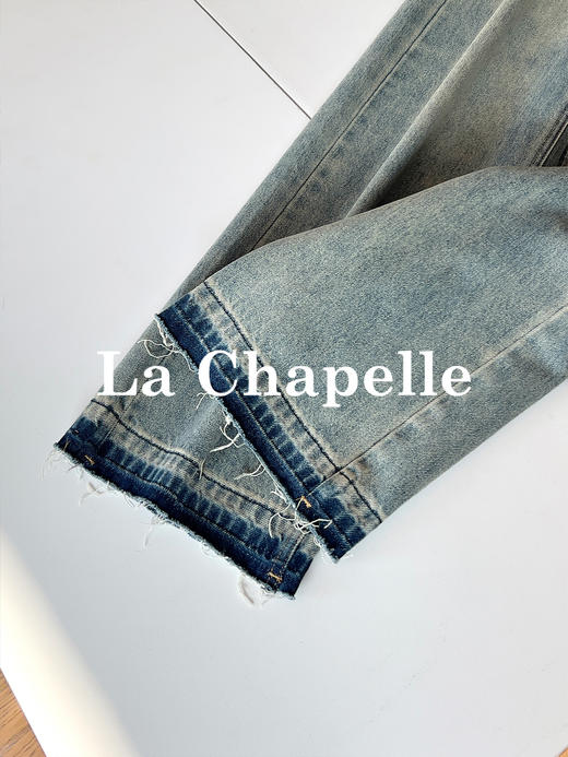 专柜实拍【细腿/复古毛边】拉夏贝尔/La Chapelle高腰遮胯显瘦直筒裤复古水洗浅蓝牛仔裤 商品图4