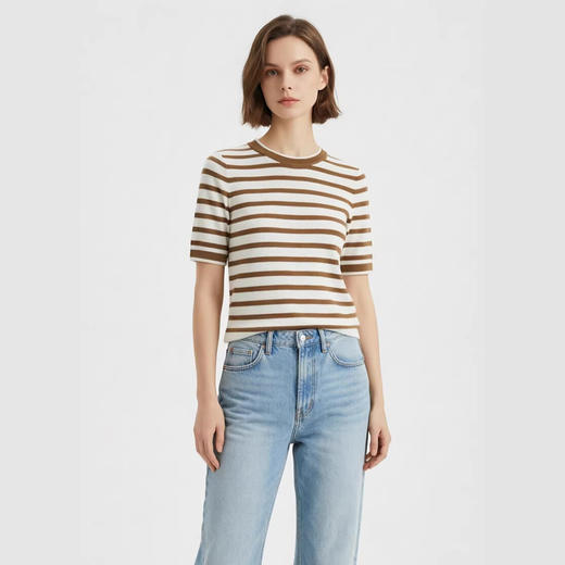 「自」全新升级【铂金会员183/天猫239/差价56】(14157)洛诗琳高级感天丝条纹短袖2026夏季新款圆领显瘦针织T恤女 商品图0