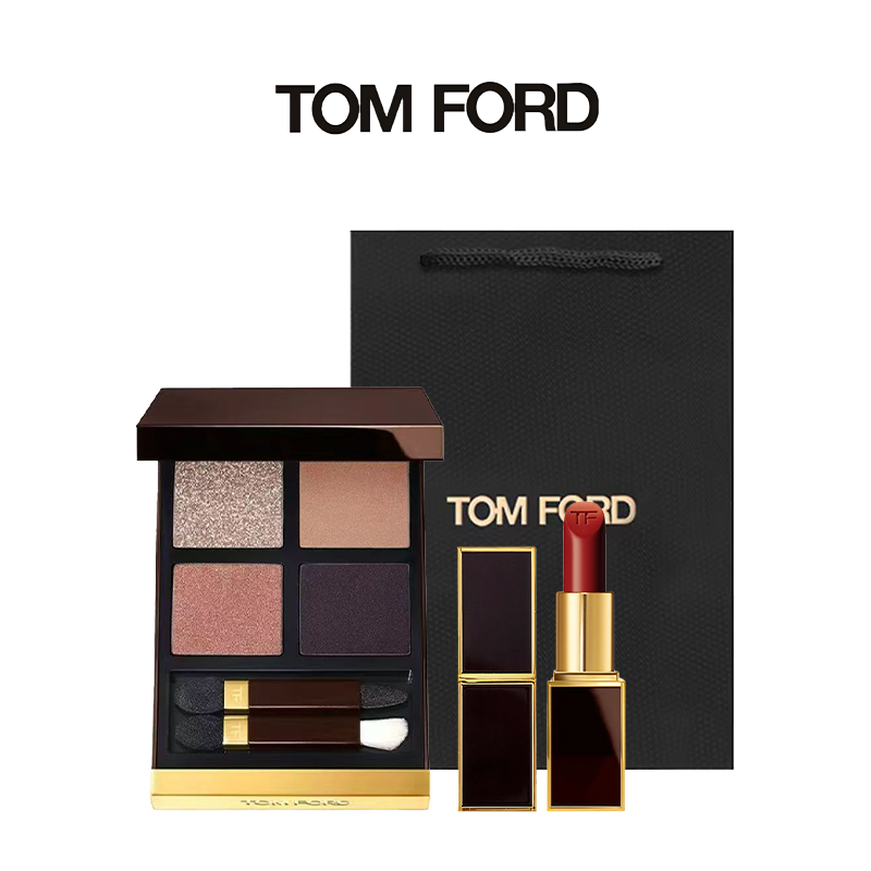 【送TF礼袋】TF经典四色眼影盘 10g/盒+TF经典黑管口红正装3g 香港直邮