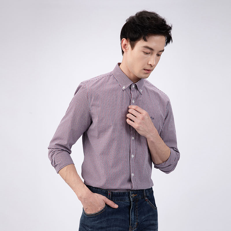 德鲨春新款纯棉长袖衬衣男青年时尚舒适上衣男装休闲衬衫