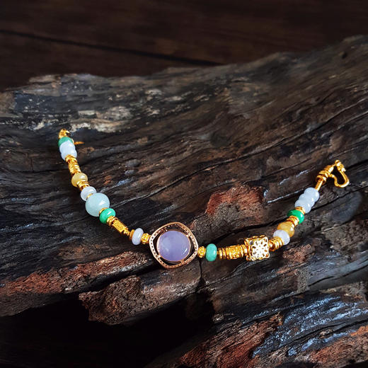 【天然正品】A货翡翠AU750收藏级双色金镶钻镶天然细腻糯冰种紫罗兰蛋面翡翠配足金盘缠福禄寿算盘珠翡翠手链 链长：19CM（长度可调节）010426NJT11 商品图5