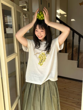 nothe Case布然/NC261233/「麻结葡萄」棉麻混纺 绿葡萄印花短袖宽松轻薄软糯T恤