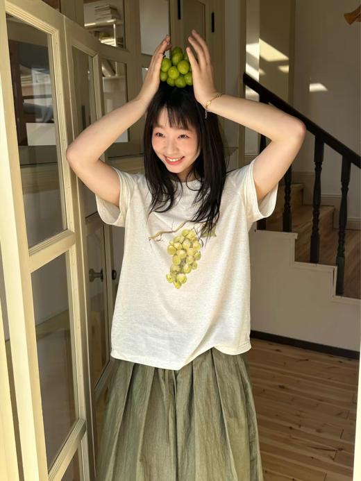 nothe Case布然/NC261233/「麻结葡萄」棉麻混纺 绿葡萄印花短袖宽松轻薄软糯T恤 商品图0