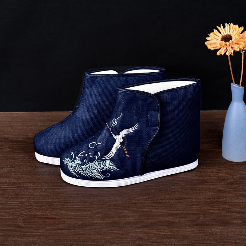 蓝色43号新中式男寿鞋高帮棉鞋老北京布鞋绣莲花天梯鞋底