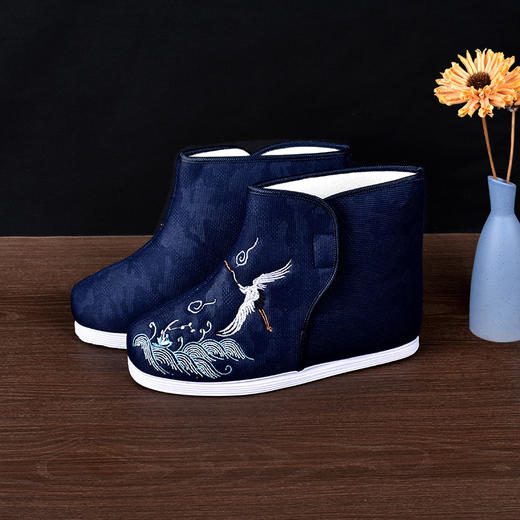 蓝色45号新中式男寿鞋高帮棉鞋老北京布鞋绣莲花天梯鞋底 商品图0