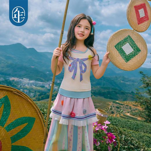 年衣童装儿童短袖T恤女童夏新款斜肩假两件民族女孩收腰吊带上衣 商品图3