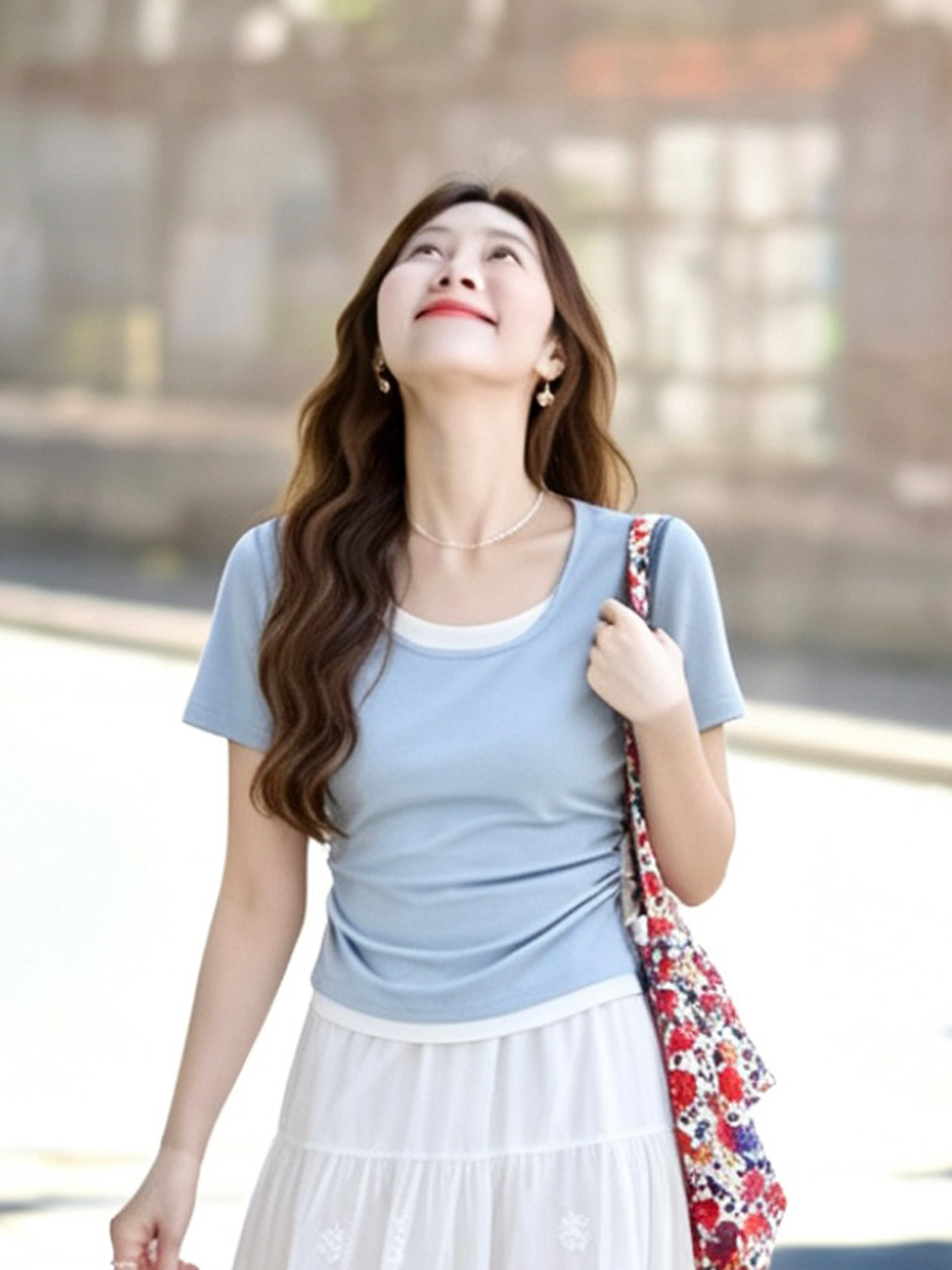 【百图lulu定制】【层次感T恤】假两件 腰部收褶 柔软舒适 弹力短袖T恤