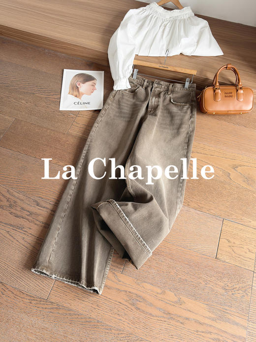 专柜实拍【摩卡美拉德】拉夏贝尔/La Chapelle复古色系高腰单扣后皮标做旧款猫须设计全棉直筒牛仔裤 商品图0
