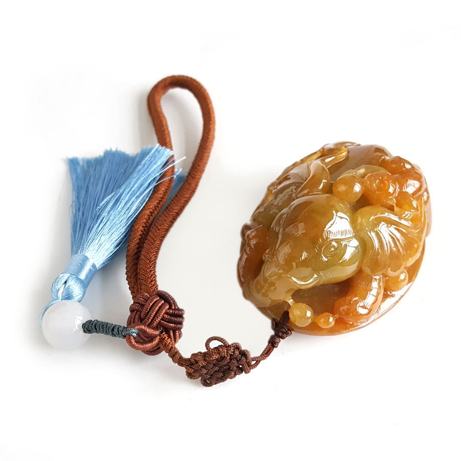 【天然正品】A货翡翠天然细腻细豆种封侯拜相造型黄翡翡翠吊坠手把件78.1*54.9*38.1MM（皆取最大值）220326TJ12