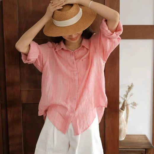 玫瑰粉苎麻轻薄防晒衬衫，苎麻定染，温柔显白，穿出一种优雅低调的老钱感 商品图0
