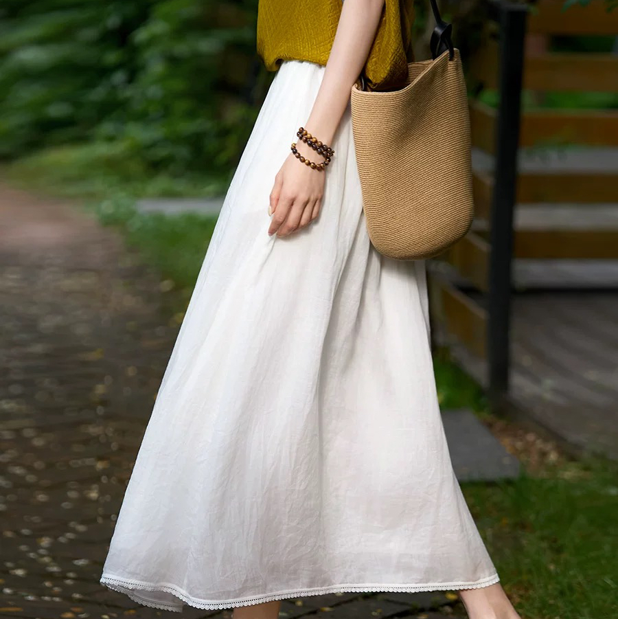 【步步生莲·法式半身裙】会呼吸的面料苎麻+棉 裙尾刺绣花边 浪漫精致