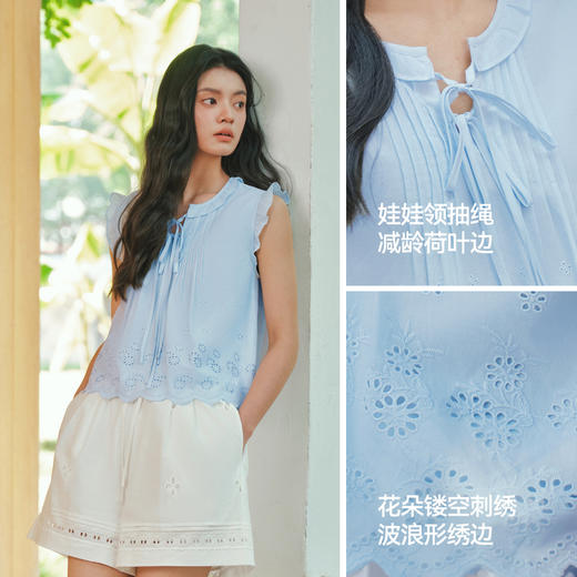 森马衬衫女夏短款纯棉绣花蝴蝶结上衣木耳边花边2026新款甜美衬衣 商品图3