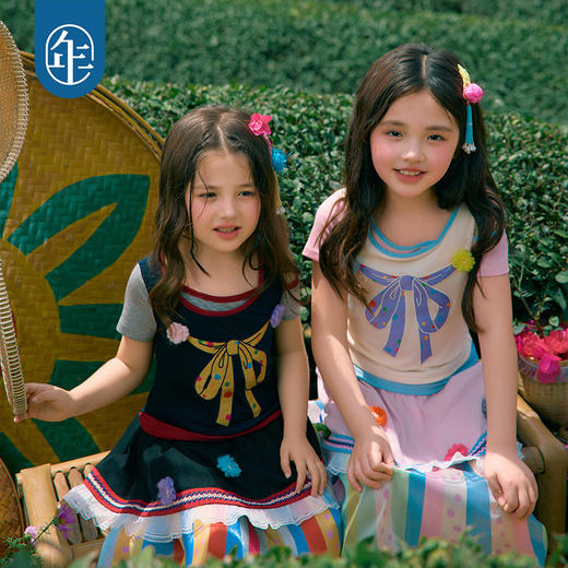 年衣童装儿童短袖T恤女童夏新款斜肩假两件民族女孩收腰吊带上衣 商品图2