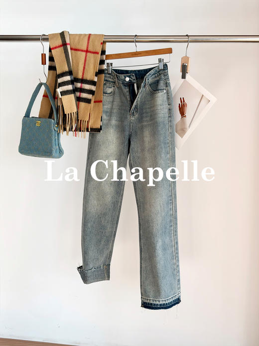 专柜实拍【细腿/复古毛边】拉夏贝尔/La Chapelle高腰遮胯显瘦直筒裤复古水洗浅蓝牛仔裤 商品图2