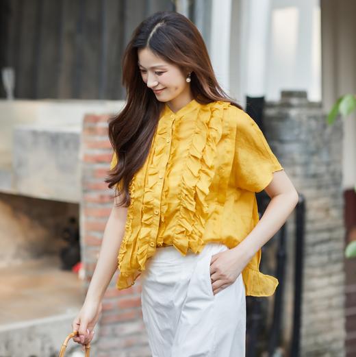 【林栖设计小店】荷影轻曳|苎麻优雅多色荷叶边夏新款花边衬衫上衣1962014 商品图1