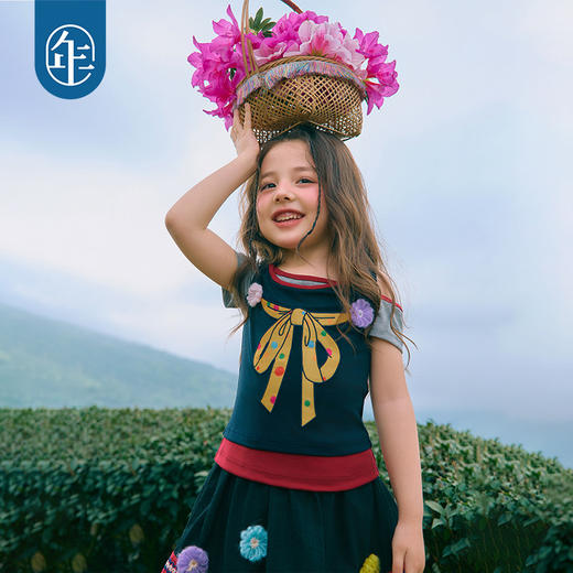 年衣童装儿童短袖T恤女童夏新款斜肩假两件民族女孩收腰吊带上衣 商品图1