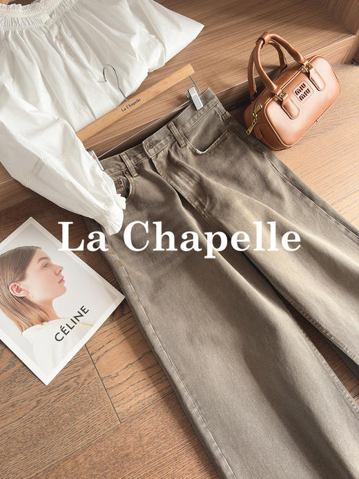专柜实拍【摩卡美拉德】拉夏贝尔/La Chapelle复古色系高腰单扣后皮标做旧款猫须设计全棉直筒牛仔裤 商品图10