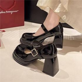 【不累脚！舒服透气】小众美式高跟复古玛丽珍鞋法式小个子恨天高粗跟圆头黑色jk鞋。xb