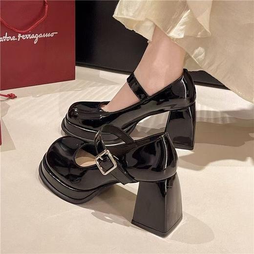 【不累脚！舒服透气】小众美式高跟复古玛丽珍鞋法式小个子恨天高粗跟圆头黑色jk鞋。xb 商品图0