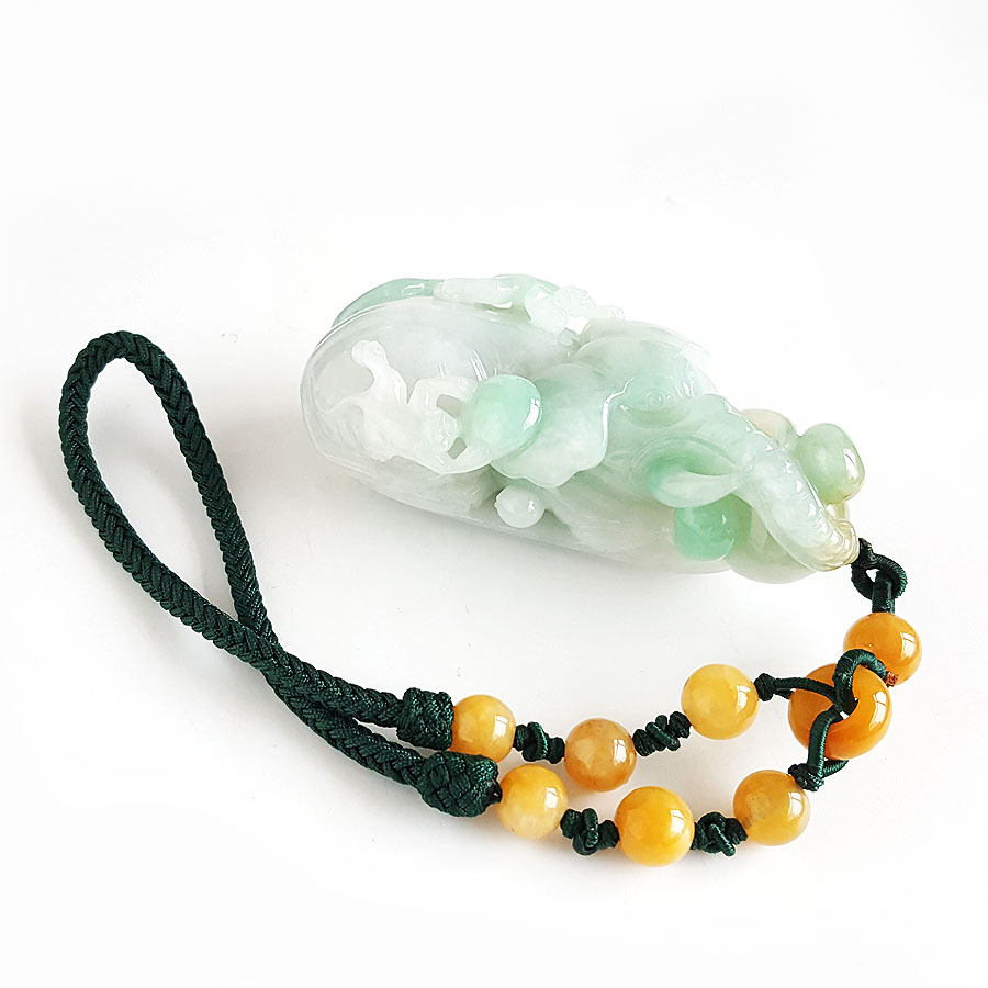 【天然正品】A货翡翠天然细腻细豆种飘绿飘黄封侯拜相造型翡翠吊坠手把件87.7*40.2*32.0MM（皆取最大值）220326TJ13