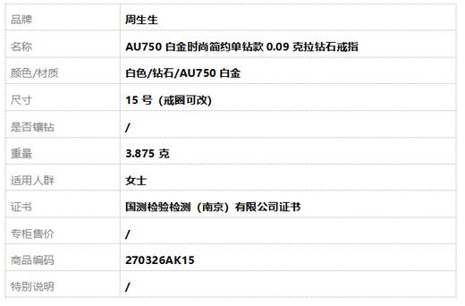 周生生AU750白金时尚简约单钻款0.09克拉钻石戒指15号（戒圈可改）270326AK15 商品图8