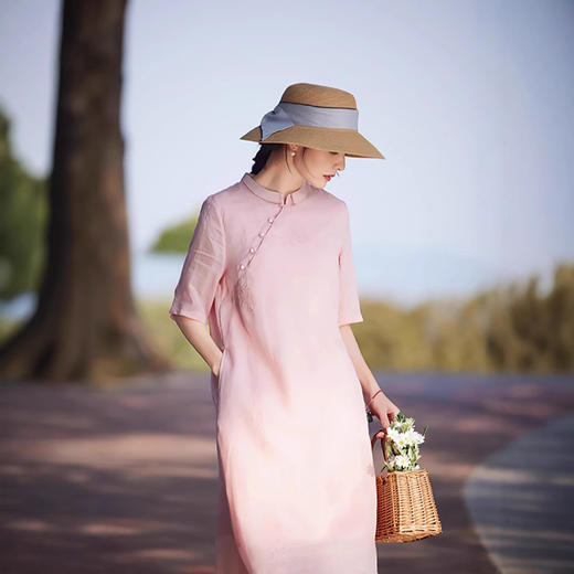 苎麻五分袖立领盘扣刺绣绣花改良旗袍裙TT96260 商品图1