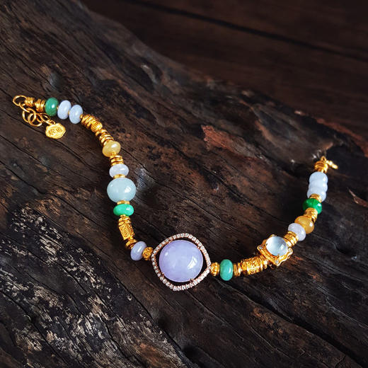 【天然正品】A货翡翠AU750收藏级双色金镶钻镶天然细腻糯冰种紫罗兰蛋面翡翠配足金盘缠福禄寿算盘珠翡翠手链 链长：19CM（长度可调节）010426NJT11 商品图3