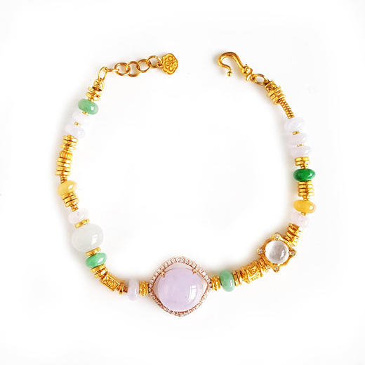 【天然正品】A货翡翠AU750收藏级双色金镶钻镶天然细腻糯冰种紫罗兰蛋面翡翠配足金盘缠福禄寿算盘珠翡翠手链 链长：19CM（长度可调节）010426NJT11 商品图0