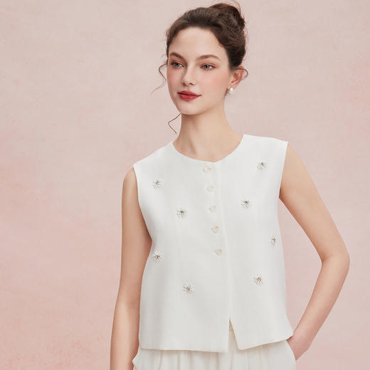 RF403斯尔丽26新款老钱亚麻手工钉珠无袖马甲搭阔腿裤套装 商品图8