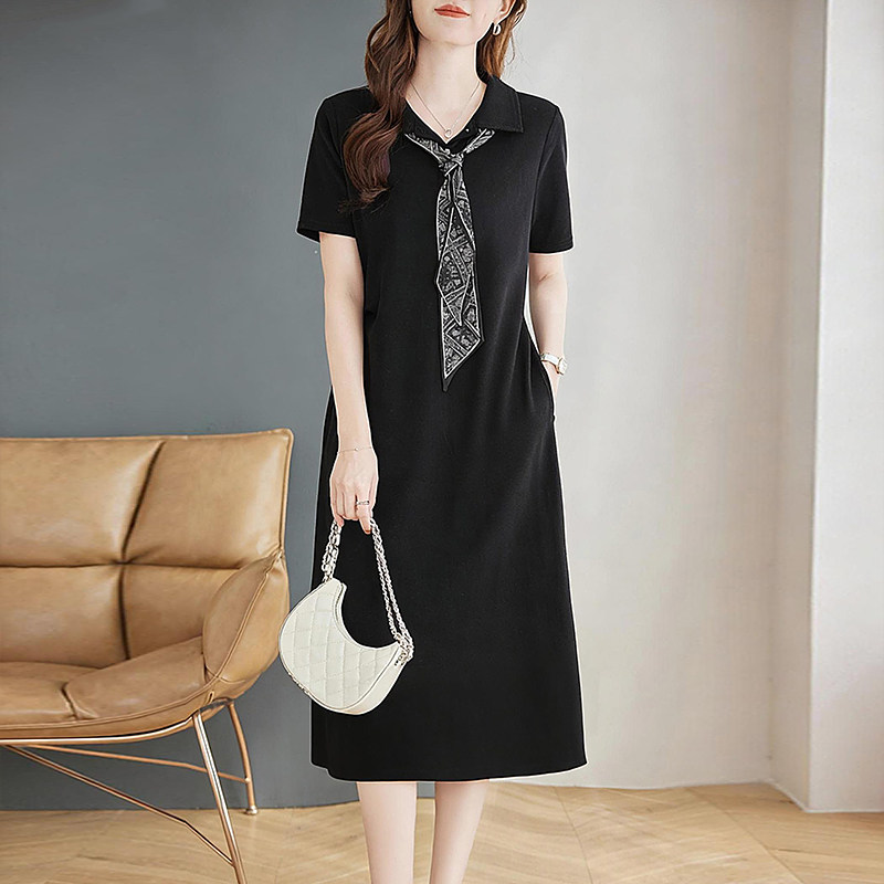 黑色正肩翻领短袖连衣裙夏季大码胖MM遮肉显瘦宽松休闲直筒长裙子