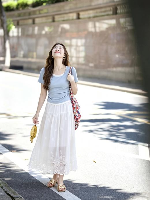 【百图lulu定制】【层次感T恤】假两件 腰部收褶 柔软舒适 弹力短袖T恤 商品图1