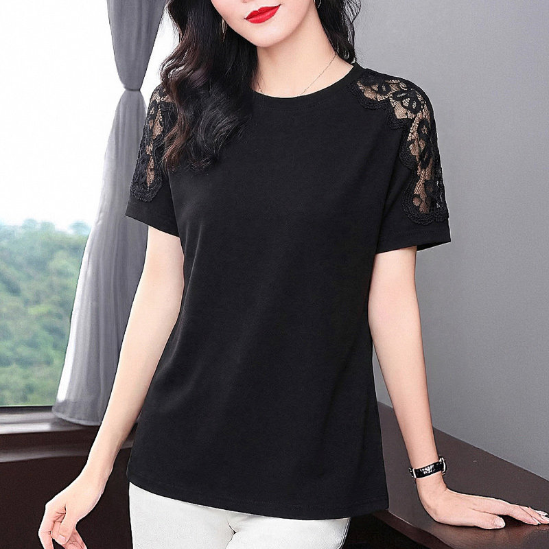 黑色蕾丝短袖T恤女士2026夏季新款大码女装正肩显瘦气质上衣减龄