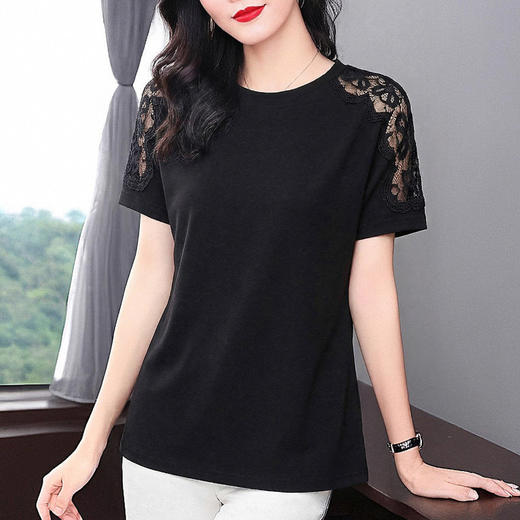 黑色蕾丝短袖T恤女士2026夏季新款大码女装正肩显瘦气质上衣减龄 商品图0