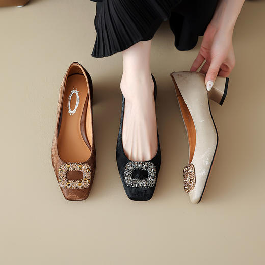 【预售5天】复古方头浅口单鞋女新款真皮百搭粗跟水钻方扣一脚蹬通勤低跟单鞋MS-7336 商品图0