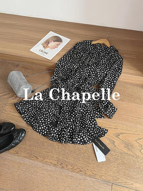专柜实拍【法式波点茶歇】拉夏贝尔/La Chapelle复古性感V领木耳边气质显瘦系带波点长袖荷叶边短裙