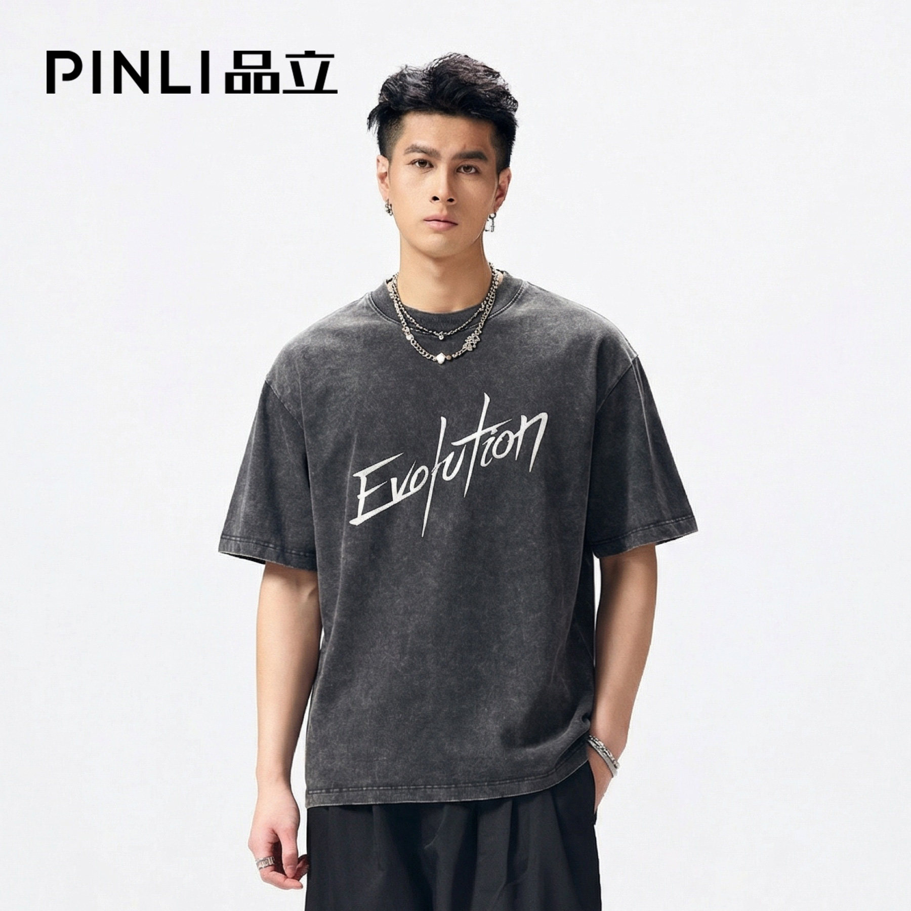 PINLI品立2026夏季新款字母印花圆领落肩袖短袖T恤上衣潮牌男体恤BG262111512