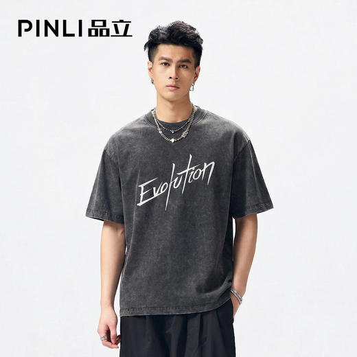 PINLI品立2026夏季新款字母印花圆领落肩袖短袖T恤上衣潮牌男体恤BG262111512 商品图0