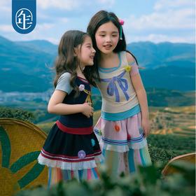 年衣童装儿童短袖T恤女童夏新款斜肩假两件民族女孩收腰吊带上衣
