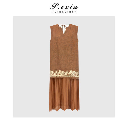 PanYiXiu/潘依绣100%亚麻重工钉珠刺绣压褶气质高级显瘦圆领无袖连衣裙 YS709 商品图4