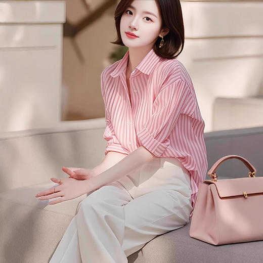小众设计感气质御姐两件套，时髦减龄条纹衬衫长裤套装 商品图3