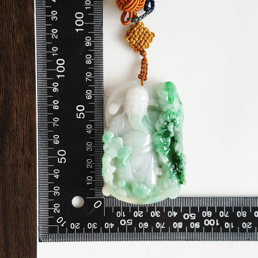 【天然正品】A货翡翠天然细腻细豆种飘绿花财神造型（招财纳福）翡翠吊坠手把件70.5*49.5*13.8MM（皆取最大值）220326TJ11 商品图2