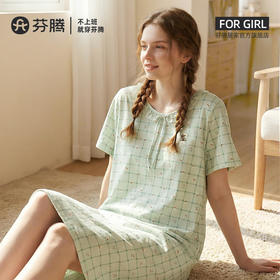 芬腾新款夏季纯棉女睡裙短袖圆领套头蕾丝花边甜美可爱休闲家居服★